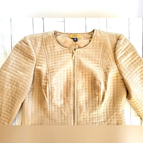 Valerie Stevens Luxury Quilted Gold Metallic Zip up Blazer Jacket Coat Pockets - Picture 3 of 13